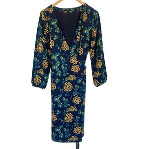 J. Crew Golden Floral Knee Length Wrap Dress Navy Blue Yellow Womens Size 8T